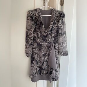 Stylish Black and Gray Seashells Patterned Silk Draped Wrap Dress